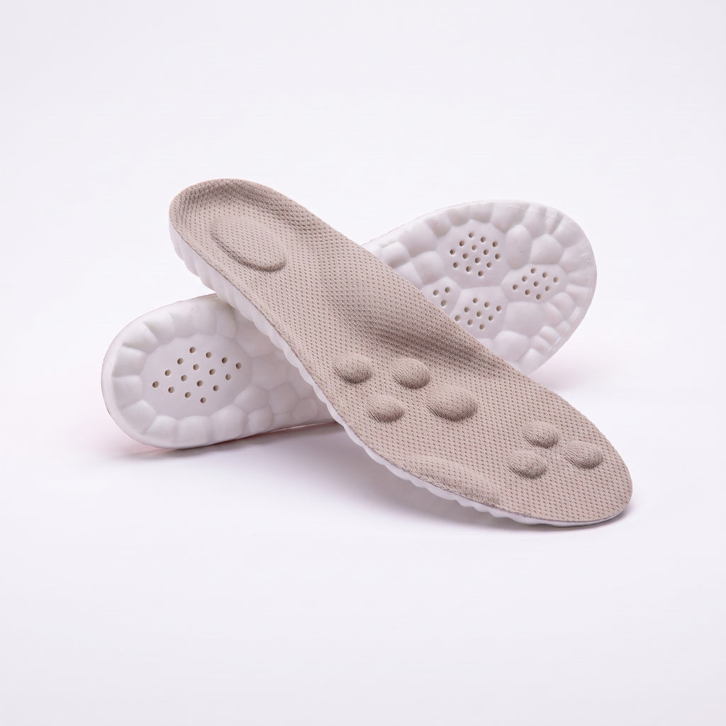 Grey massage insoles, top and underside