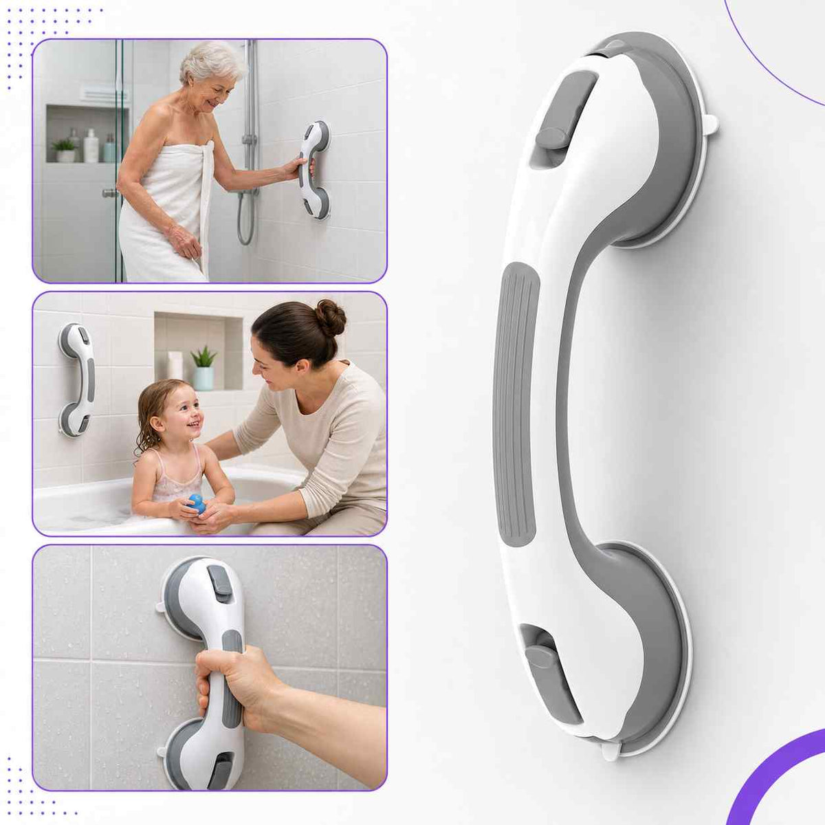 Suction Shower Grab Bar, No-Drill 16-Inch Bathroom Safety Handle 5